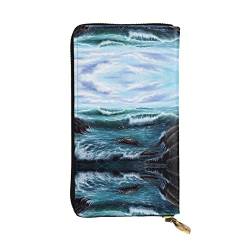 FAIRAH Blue Sea Landscape Printed Leather Wallet, Zippered Credit Card Holder Unisex Version von FAIRAH