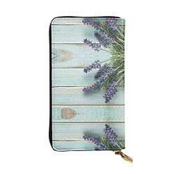 FAIRAH Lavender On Wood Printed Leather Wallet, Zippered Credit Card Holder Unisex Version von FAIRAH