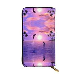 FAIRAH Sunset Dolphins Printed Leather Wallet, Zippered Credit Card Holder Unisex Version von FAIRAH