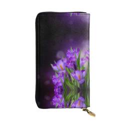 Purple Flower Printed Leather Wallet, Zippered Credit Card Holder Unisex Version von FAIRAH