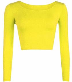 Bauchfreies Langarm-T-Shirt für Damen, kurz, einfarbig, Rundhalsausschnitt, für Fitness, Workout, Laufen, T-Shirt, einfarbig, bauchfrei, gelb, 34-36 von FAIRY BOUTIQUE