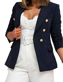 Damen-Blazer mit doppelreihigem Knopfverschluss, goldfarbener Knopfverschluss, navy, 34 von FAIRY BOUTIQUE