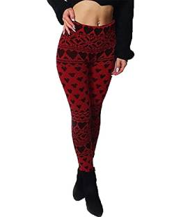 FAIRY BOUTIQUE Damen Stretch-Leggings, gestrickt, volle Länge, warme Winter-Leggings, Herz gestrickt rot/schwarz, 40 von FAIRY BOUTIQUE