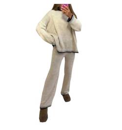 FAIRY BOUTIQUE Damen Strickpullover mit langen Ärmeln, weites Bein, 2-teiliges Set, Loungewear, Trainingsanzug, beige, 34 von FAIRY BOUTIQUE