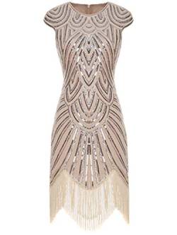 FAIRY COUPLE 1920 Pailletten verschönert Quasten Falten Flapper Kleid D20S002(L,Champagner) von FAIRY COUPLE
