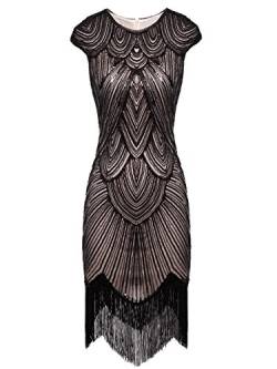 FAIRY COUPLE 1920 Pailletten verschönert Quasten Falten Flapper Kleid D20S002(XL,Dunkel Beige+Schwarz) von FAIRY COUPLE