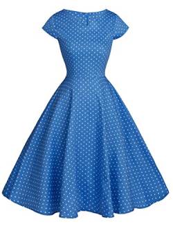 FAIRY COUPLE 1950S Retro Rockabilly Tupfen Kappen Hülsen Abschlussball Kleid(XS,Blau Weiße Punkte) von FAIRY COUPLE