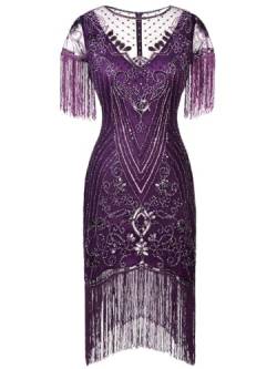 Feenpaar D20S028 Damen Kleid im Stil der 20er-Jahre, Spitzen-Ausschnitt, tolles Gatsby-Kleid, Pailletten Art-Deco-Stil mit Ärmeln - Violett - Mittel von FAIRY COUPLE