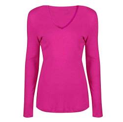 Damen Basic V Ausschnitt Langarm T Shirts Casual Tops Bluse Damen Stretch Loose Shirt Gr. 34-36, fuchsia von FAIRY TRENDZ LTD