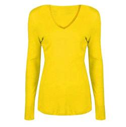 Damen Basic V Ausschnitt Langarm T Shirts Casual Tops Bluse Damen Stretch Loose Shirt Gr. 34-36, gelb von FAIRY TRENDZ LTD