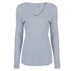 Damen Basic V Ausschnitt Langarm T Shirts Casual Tops Bluse Damen Stretch Loose Shirt Gr. 38-40, hellgrau von FAIRY TRENDZ LTD