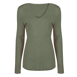 Damen Basic V Ausschnitt Langarm T Shirts Casual Tops Bluse Damen Stretch Loose Shirt Gr. 38-40, khaki von FAIRY TRENDZ LTD