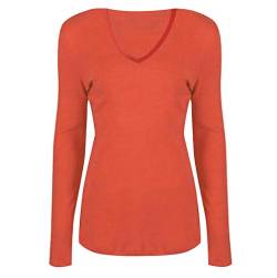 Damen Basic V Ausschnitt Langarm T Shirts Casual Tops Bluse Damen Stretch Loose Shirt Gr. 46-48, korallenrot von FAIRY TRENDZ LTD