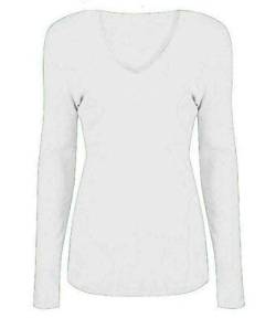 Damen Basic V Ausschnitt Langarm T Shirts Casual Tops Bluse Damen Stretch Loose Shirt Gr. 46-48, weiß von FAIRY TRENDZ LTD