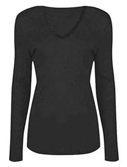 Damen Basic V Ausschnitt Langarm T Shirts Casual Tops Bluse Damen Stretchy Loose Shirt, Schwarz , 38-40 von FAIRY TRENDZ LTD