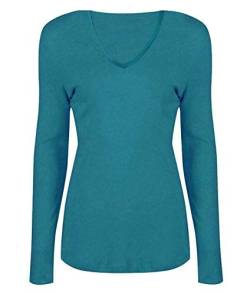 Damen Basic V Ausschnitt Langarm T Shirts Casual Tops Bluse Damen Stretchy Loose Shirt, blaugrün, 46-48 von FAIRY TRENDZ LTD