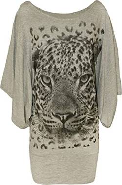 Damen T-Shirt mit U-Ausschnitt, Glitzer, Tiger, bedruckt, Fledermausärmel, Pailletten, Baggy Top, hellgrau, 52-54 von FAIRY TRENDZ LTD