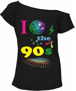 FAIRY TRENDZ Damen-T-Shirt, Motiv: /''I Love 90er/'', kurze Ärmel, Retro-Stil, Popstar-T-Shirt, Größe 36-54, I Love 90s Globus, Schwarz, 42-44, 1502#FT von FAIRY TRENDZ LTD