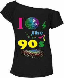 FAIRY TRENDZ Damen-T-Shirt, Motiv: ''I Love 90er'', kurze Ärmel, Retro-Stil, Popstar-T-Shirt, Größe 36-54, I Love 90s Globus, Schwarz, 46-48, (1502#FT) von FAIRY TRENDZ LTD