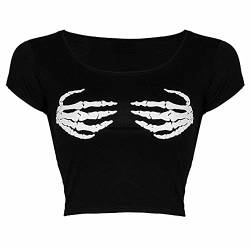 FAIRY TRENDZ LTD Damen Halloween Hände Skelett Crop Top Damen Rundhals Scary Finger Printed Mini Shirt, Schwarz , 34-36 von FAIRY TRENDZ LTD