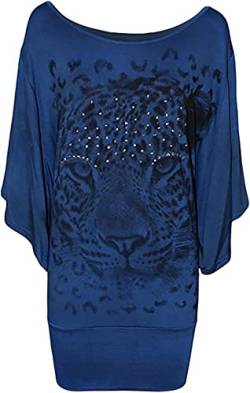 FAIRY TRENDZ LTD Damen-T-Shirt mit Rundhalsausschnitt, Fledermausärmel, Glitzer, Tiger, bedruckt, Pailletten, Baggy, blau, 52-54 von FAIRY TRENDZ LTD