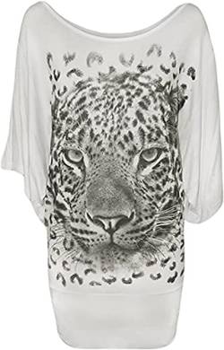 FAIRY TRENDZ LTD Damen-T-Shirt mit Rundhalsausschnitt, Fledermausärmel, Glitzer, Tiger, bedruckt, Pailletten, Baggy, weiß, 40 von FAIRY TRENDZ LTD