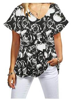 FAIRY TRENDZ LTD Damen T-Shirt mit V-Ausschnitt, Übergröße, Fledermausärmel, Größen 36-54, totenkopf, 50-52 von FAIRY TRENDZ LTD