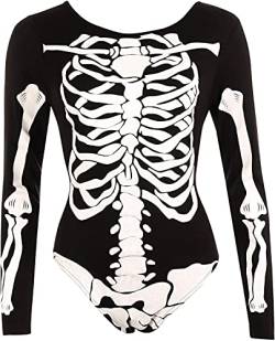 FAIRY TRENDZ Damen Halloween Skelett Bodycon Mini T-Shirt Kleid Damen Gruselige Leggings Bodysuit Mini Crop Top, Schwarzer Body mit Skelett-Aufdruck, 38-40 von FAIRY TRENDZ