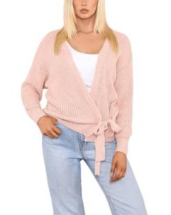 FAIRY TRENDZ Damen-Strickjacke, langärmelig, mit Gürtel, zum Binden, V-Ausschnitt, gerippt, rosa - dusty pink, Einheitsgr��e von FAIRY TRENDZ