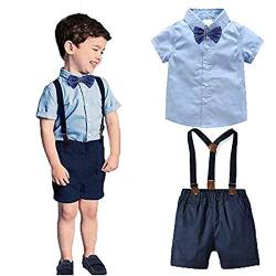 FAIRYRAIN 2-Teiliges Kleinkind Jungen Babyanzug Gentleman Party Taufe Anzug Festlich Kurzarmhemd mit Fliege + Kurze Hose mit Träger Set (Blau, 100cm/2-3 Jahre) von FAIRYRAIN