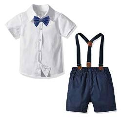 2-Teiliges Kleinkind Jungen Babyanzug Gentleman Party Taufe Anzug Festlich Kurzarmhemd mit Fliege + Kurze Hose mit Träger Set (Weiß/1, 130cm/7-8 Jahre) von FAIRYRAIN