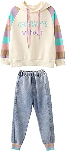 FAIRYRAIN 2tlg Kinder Mädchen Bekleidungsset Langarm Sweatshirt Hoodie T-Shirt Top Mit Jeans Hose Outfits Trainingsanzug Outfits Sport Kleidung Set Jogginganzug 150 von FAIRYRAIN