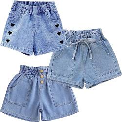 FAIRYRAIN 3er-Pack Kinder Mädchen Sommer Emboridery Flower Denim Shorts Jeans Kurze Hosen Sommerhose 150 von FAIRYRAIN