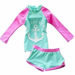 FAIRYRAIN Baby Kleinkinder Mädchen 2er Bade-Set Anker Print Lange Ärmel Rash Guard UV-Schutz 50+ Bademode Schwimmanzug Badebekleidungsset XL von FAIRYRAIN