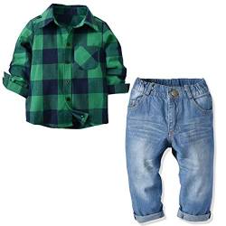 FAIRYRAIN Kinder Jungen Gentleman 2tlg Gestreift Langarm Hemd Jeans Weiß Langarmshirt Festlich Outfit Set 130 von FAIRYRAIN