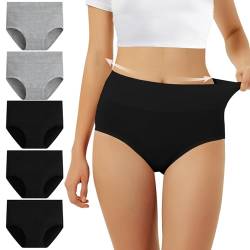 FALARY Baumwoll Unterwäsche Damen Unterhosen Damen Unterwäsche Baumwolle 5er Pack Slip Hohe Taille Unterhose Taillenslip Sportunterhosen für Damen 3XL Schwarz Grau von FALARY