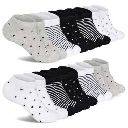 FALARY Sneaker Socken Damen 35-38 Baumwolle Damen Socken Sportsocken Mädchen Sneakersocken Schwarz mit Streifen und Punkten 10 Paar von FALARY