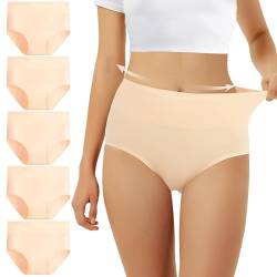 FALARY Unterhosen Damen Baumwolle Hohe Taille 5er Pack Stretch Atmungsaktiv Panties Weich Frauen Unterwäsche 3XL Hautfarben von FALARY