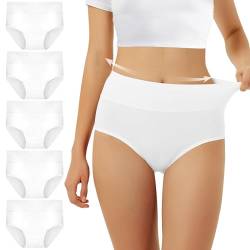 FALARY Unterhosen Damen Baumwolle Hohe Taille 5er Pack Stretch Atmungsaktiv Panties Weich Frauen Unterwäsche XL Weiß von FALARY