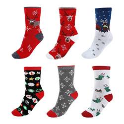 FALETO 6 Paare Mix Design Damen Mädchen Weihnachtssocken Weihnachtsmotiv Weihnachten Socken Festlicher Cotton Socken Christmas socks aus Baumwolle für EU Gr.35-39 von FALETO