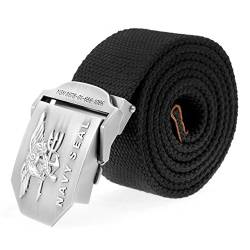 FALETO Herren Militär Gürtel Stoffgürtel mit Adler Symbol Schnalle Leinwand Canvas Jeansgürtel Belts 125cm + Original Geschenkbox, Schwarz, 125cm Fit Taillen 100-107cm von FALETO