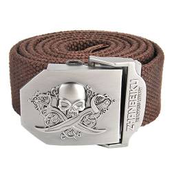 FALETO Herren Militär Gürtel Stoffgürtel mit Schädel Totenkopf Schnalle Leinwand Canvas Jeansgürtel Belts 140cm + Original Geschenkbox (Kaffee) von FALETO