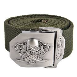 FALETO Herren Militär Gürtel Stoffgürtel mit Schädel Totenkopf Schnalle Leinwand Canvas Jeansgürtel Belts 140cm + Original Geschenkbox (Militär Grün) von FALETO