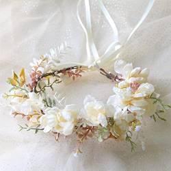 Damen-Prinzessinnenkrone, Blumenkranz, Blumenkranz, Blumenhaarbänder, Strand, Hochzeit, Party, Stirnband, Braut, Brautjungfer (Farbe: Beige) von FALKIN