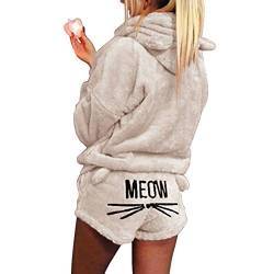 FAMKIT Damen Mädchen Fleece Pyjama Gemütliche Nachtwäsche Meow Bestickter Hoodie Pullover Shorts Pj Zweiteiliges Set Pyjama Party, beige, XL von FAMKIT
