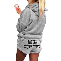 FAMKIT Damen Mädchen Fleece Pyjama Gemütliche Nachtwäsche Meow Bestickter Hoodie Pullover Shorts Pj Zweiteiliges Set Pyjama Party, grau, Large von FAMKIT