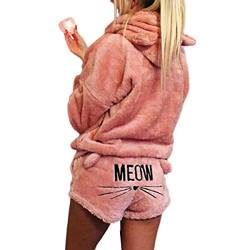 FAMKIT Damen Mädchen Fleece Pyjama Gemütliche Nachtwäsche Meow Bestickter Hoodie Pullover Shorts Pj Zweiteiliges Set Pyjama Party, rose, Medium von FAMKIT