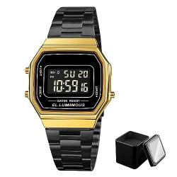 FAMKIT Digitale Armbanduhr für Herren, LED-Hintergrundbeleuchtung, stilvolle Sport-Armbanduhr mit Edelstahlband, 50 m wasserdicht, unterstützt Stoppuhr/Alarm/Datumsanzeige, Gold / Schwarz von FAMKIT