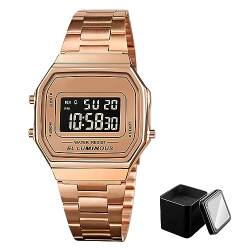 FAMKIT Digitale Armbanduhr für Herren, LED-Hintergrundbeleuchtung, stilvolle Sport-Armbanduhr mit Edelstahlband, 50 m wasserdicht, unterstützt Stoppuhr/Alarm/Datumsanzeige, rose gold von FAMKIT