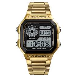 FAMKIT Digitale Armbanduhr mit Edelstahlarmband Hintergrundbeleuchtung Sportuhr Stilvolle Business Armbanduhr, gold von FAMKIT